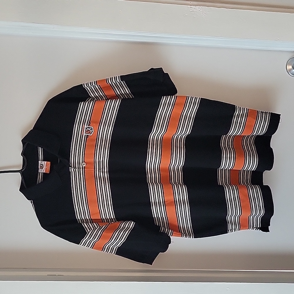 Bklyn Xpress Mens Polo Sz. XL Cotton Blend Logo Black Orange White Stripe